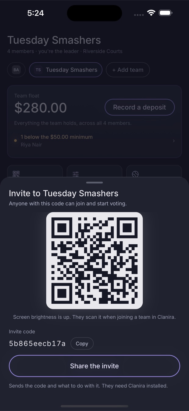The invite sheet with a QR code