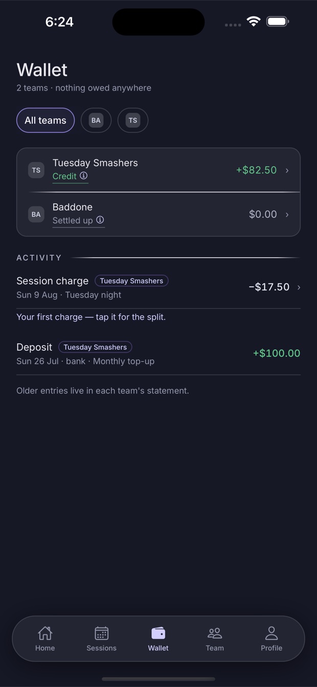 The wallet showing a deposit and a session charge